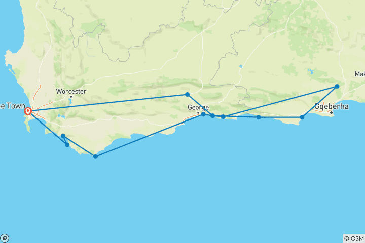 Map of 10 Days Cape Town, Garden Route & Addo Package