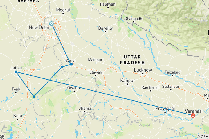 Carte du circuit Circuit du Triangle d'Or avec Ranthambore - faune et flore et Varanasi spirituel