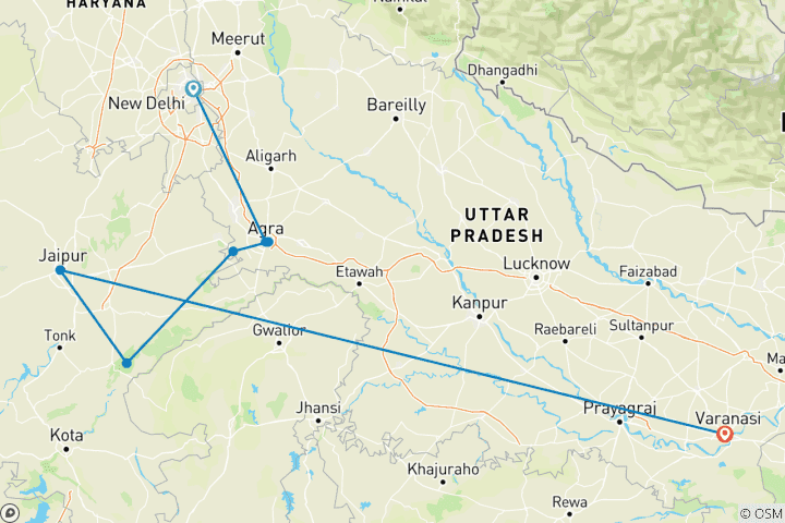 Map of Golden Triangle Tour with Ranthambore (Wildlife) and Spiritual Varanasi