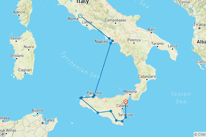 Map of Rome, the charming South of Italy and Sicily