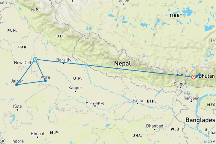 Map of Golden Triangle with Bhutan Expedition (India & Bhutan)