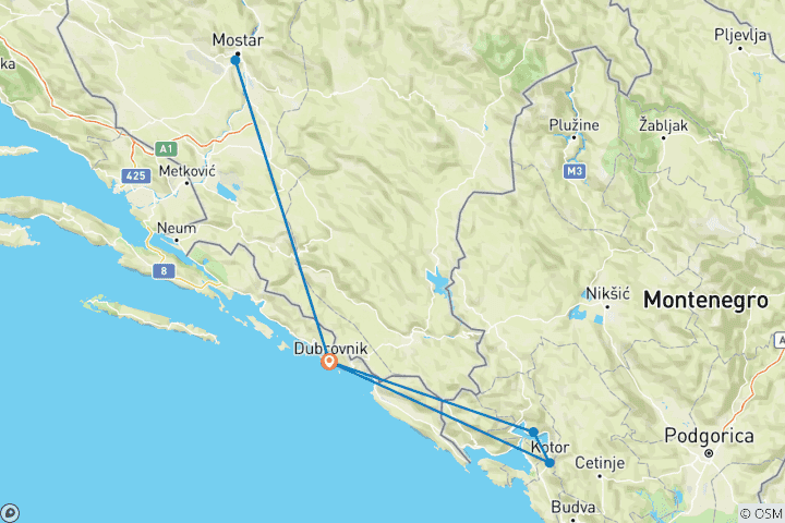 Map of Dubrovnik Getaway - 3 Countries Mini Tour