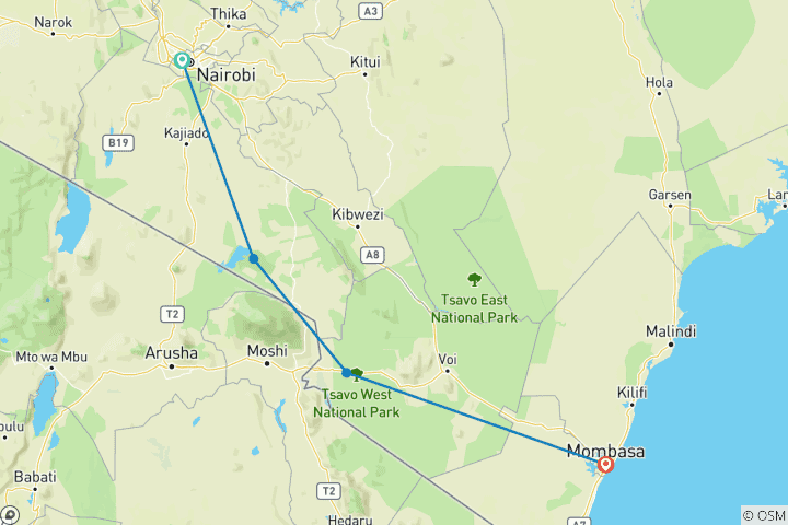 Map of Kilimanjaro to Mombasa