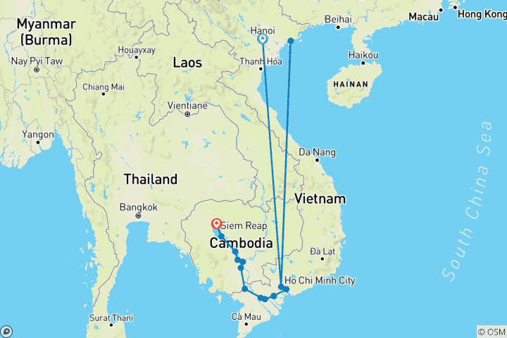 Carte du circuit Du delta du Mékong aux temples d'Angkor, à Hanoi et à la baie d'Halong - croisière de port à port (16 destinations)