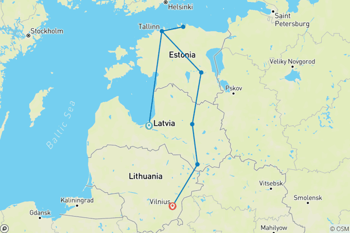 Mapa de Pequeño Grupo 11 días Lo Más Destacado del Báltico - salida garantizada
