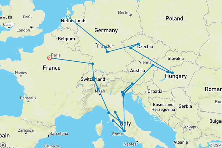 Mapa de Europeo Romántico (Clásico, Inicio Ámsterdam, Fin París)