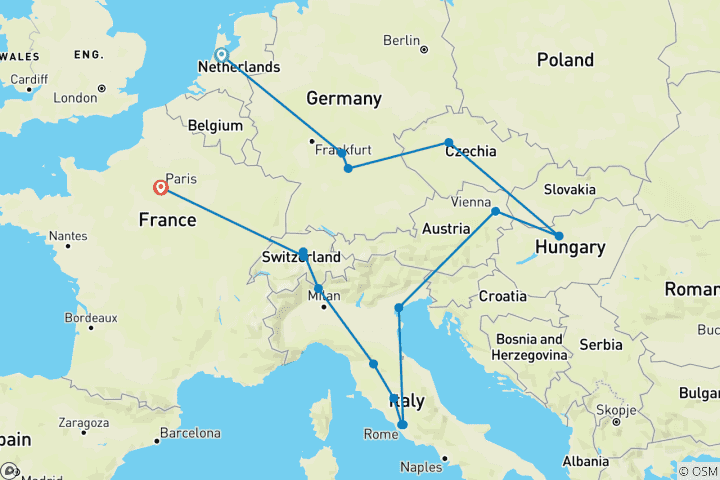 Carte du circuit Romantique Européen (Classique, Début Amsterdam, Fin Paris, 19 Jours)