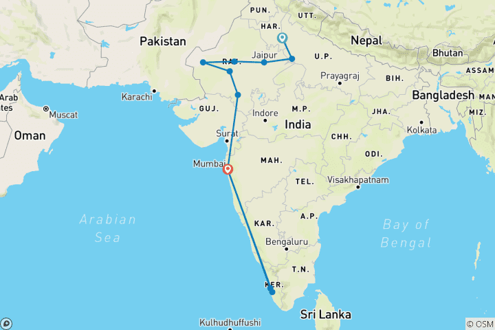 Map of Imperial Rajasthan (Small Groups, End Mumbai, With South India Extension, 20 Days)