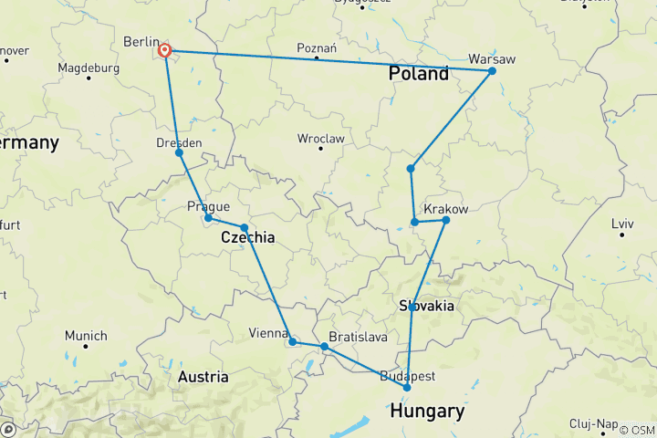 Carte du circuit Road Trip en Europe de l'Est ( fin à Berlin, 13 jours)