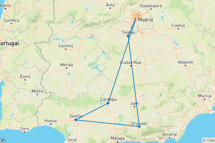 Carte du circuit Madrid, Andalousie et Tolède 8 jours avec hôtel et transfert à Madrid