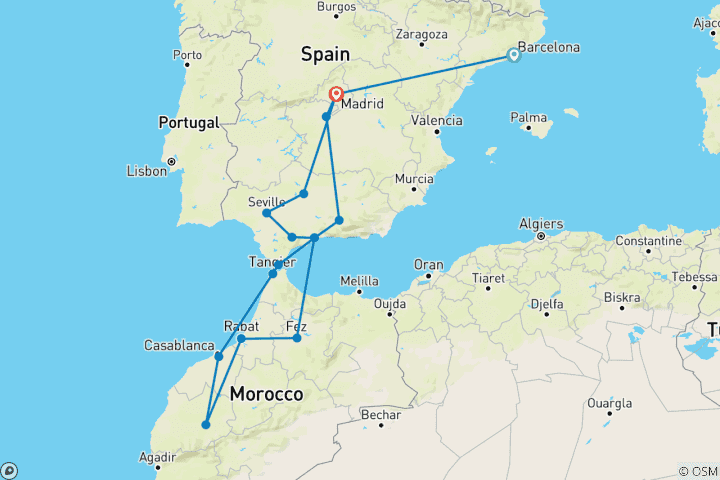 Carte du circuit Andalousie et Maroc depuis Barcelone