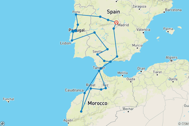 Mapa de Viaje de 21 días Madrid y Portugal y Andalucía y Marruecos