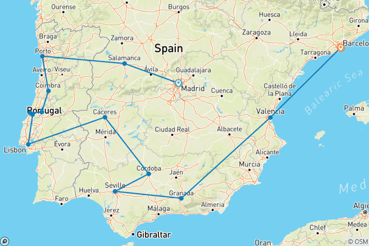 Carte du circuit Portugal & Andalousie & Capitales méditerranéennes 15 jours