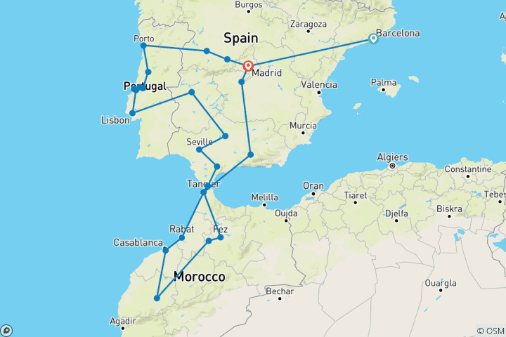 Mapa de Paquete especial desde Barcelona con Portugal, Andalucía y Marruecos de 22 días