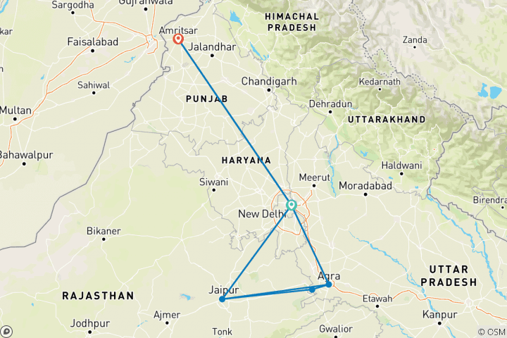 Map of Golden Triangle with Golden Temple Amritsar