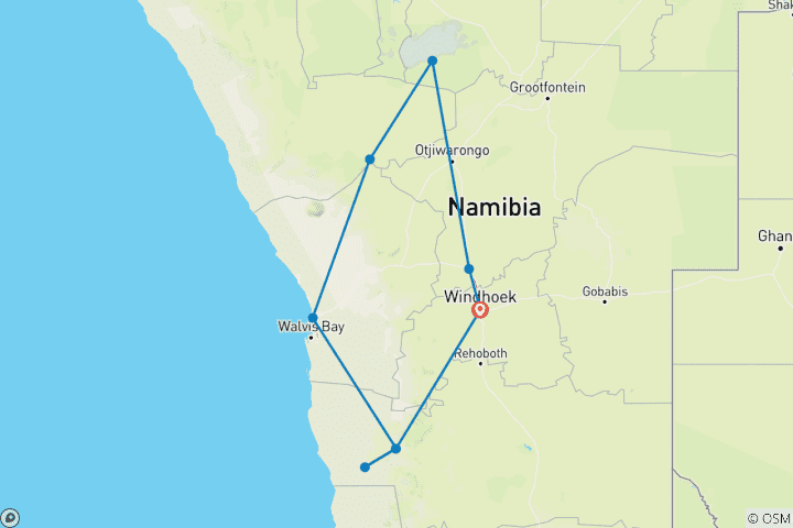 Map of 6 Day Sand, Sea & Etosha Budget Camping Safari