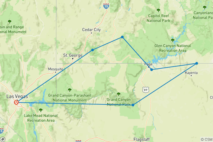 Karte von Südwest-USA Nationalpark Rundreise ab Las Vegas - 3 Tage