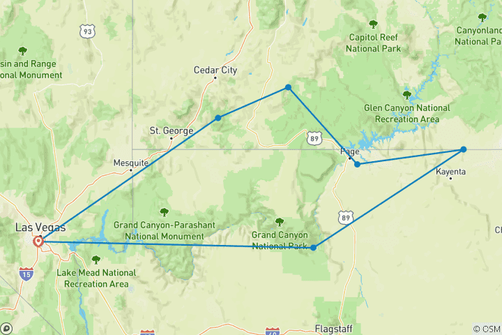 Map of 3 Day Southwest USA National Parks Tour from Las Vegas