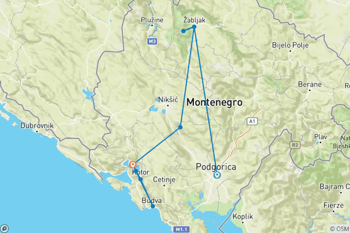 Map of Montenegro Discovery - Hiking Holiday, 8 days 7 nights