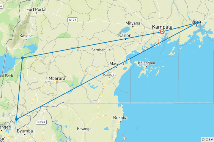 Map of 9-day Gorillas & Nile River Encounter (Camping)