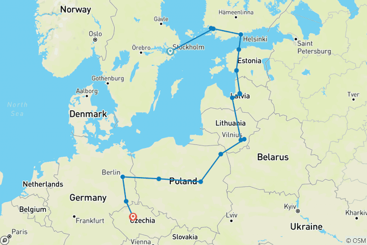 Carte du circuit Les capitales baltes se terminent à Prague (17 destinations)