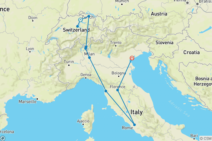 Mapa de Foco suizo e italiano acaba en Venecia (11 destinations)