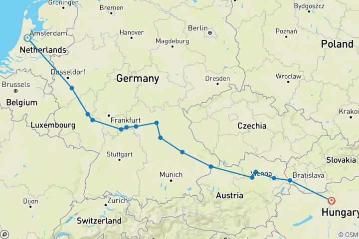 Mapa de Magnífica Europa 2026 Inicio Ámsterdam, Fin Budapest (16 destinations)