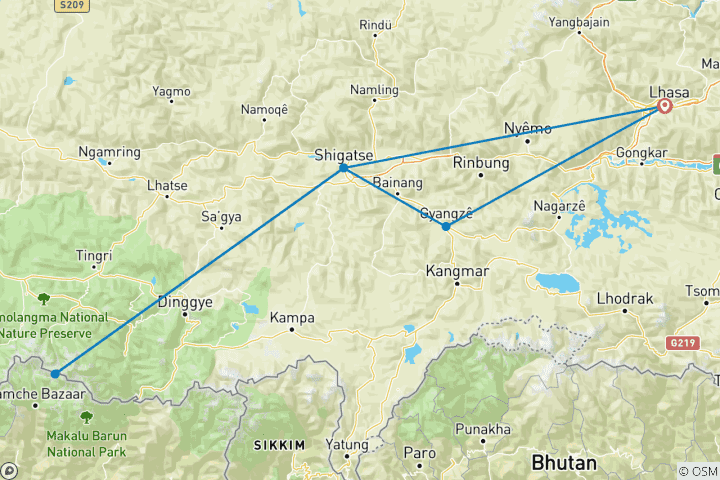 Map of 8 Days Lhasa to Everest Base Camp Small Group Tour: marvel at Mt.Everest real close