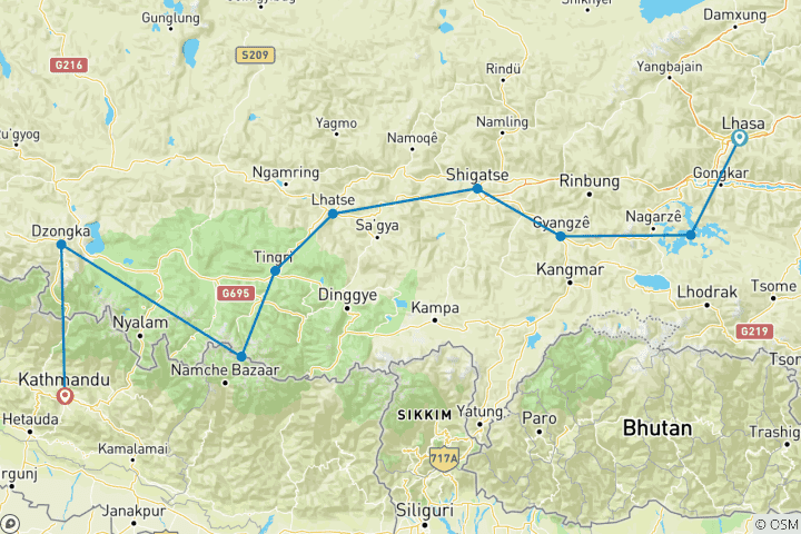 Map of 7 Days Lhasa to Kathmandu Overland Small Group Tour