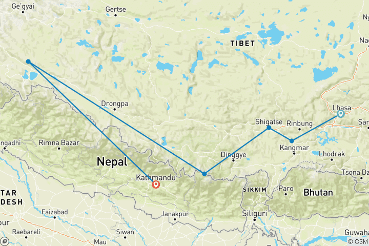 Map of 13 Days Tibet Lhasa to Kathmandu overland tour with Mt. Kailash and Lake Manasarova