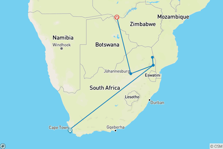 Map of Spectacular South Africa (Small Groups, Victoria Falls, 12 Days)