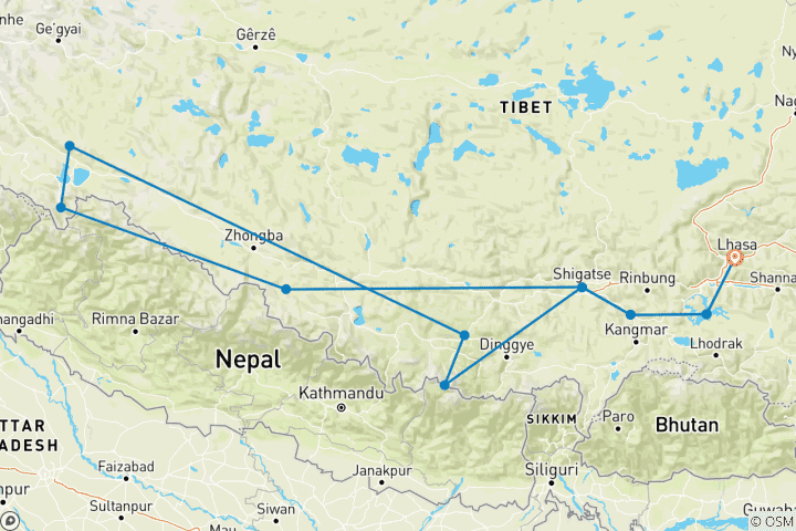 Mapa de Circuito de 17 días al Kailash Manasarovar de Luna Llena y exploración del reino de Guge