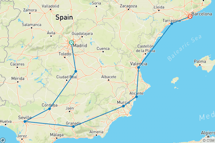 Carte du circuit Circuit de 9 jours au départ de Barcelone à travers l'Andalousie et la côte méditerranéenne