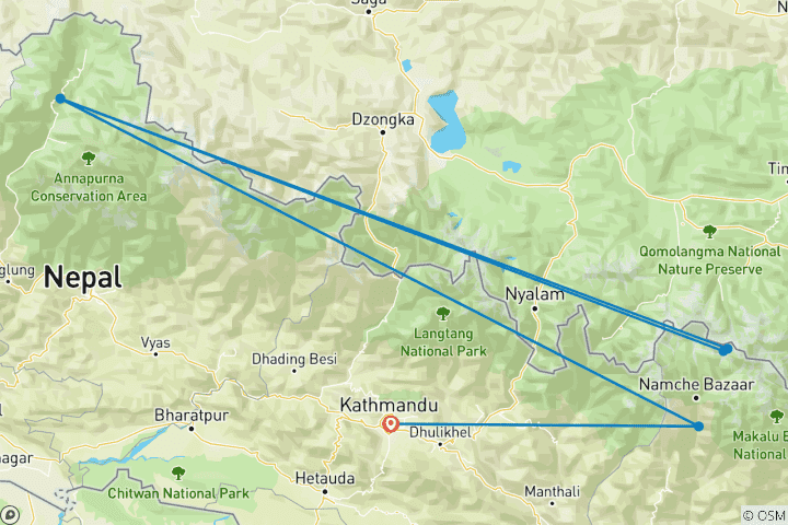 Carte du circuit 4 heures d'hélicoptère pour l'Everest via Lukla, Syangboche et Kalapathar