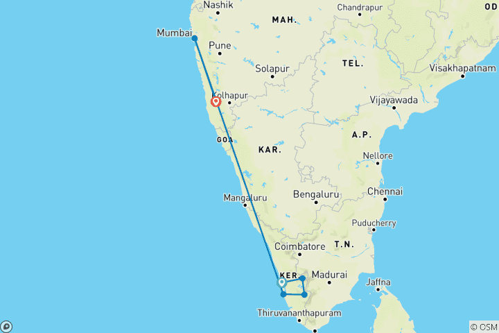 Carte du circuit Le Kerala magique avec Mumbai et Goa
