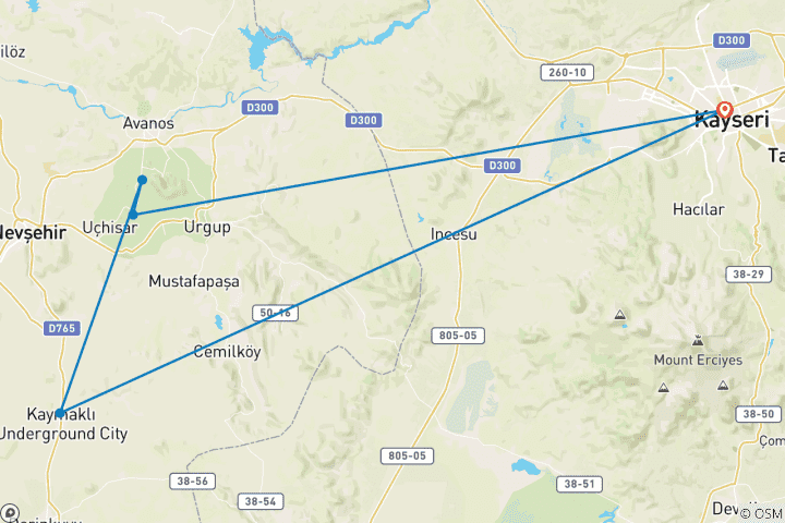 Carte du circuit Circuit de 3 jours en Cappadoce au départ de Kayseri avec vol en montgolfière en option