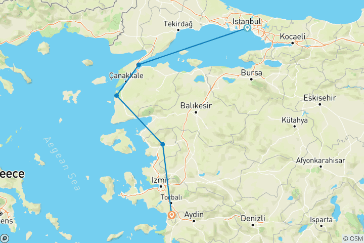 Karte von Istanbul nach Kusadasi über Troy, Gallipoli & Ephesus - 3 Tage