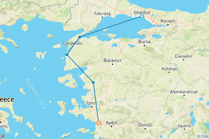 Karte von Istanbul nach Kusadasi über Troy, Gallipoli & Ephesus - 3 Tage