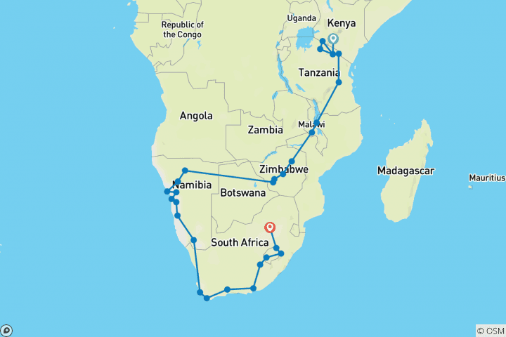 Karte von Von Nairobi nach Johannesburg (Von Küste zu Küste) - 74 Tage