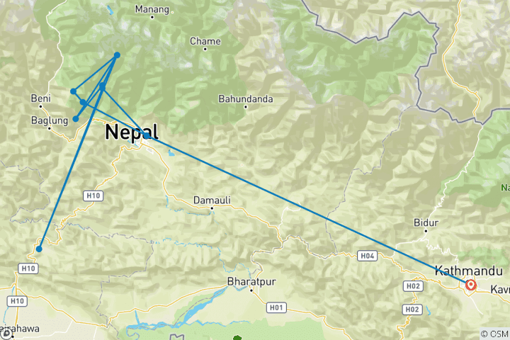 Kaart van Nepal 14 dagen Annapurna Basiskamp Trek