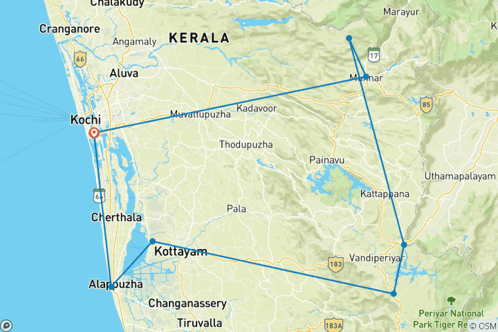 Kaart van Rondreis door Kerala - 7 dagen