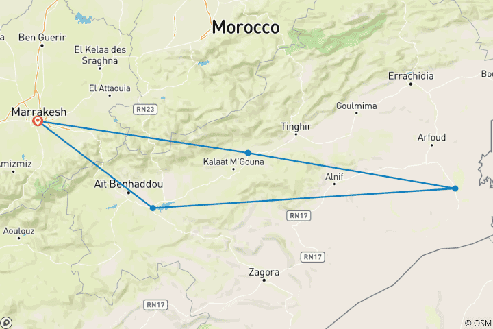 Map of Marrakech Sahara and Gorges 4 Days