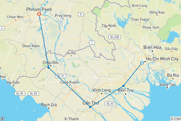 Map of Mekong Delta from Saigon to Phnom Penh 3 days