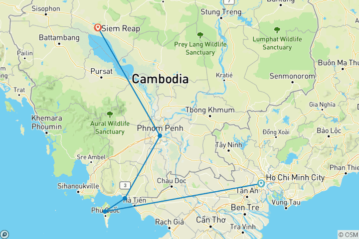 Map of South Vietnam, Phu Quoc Island and Cambodia 14 Days