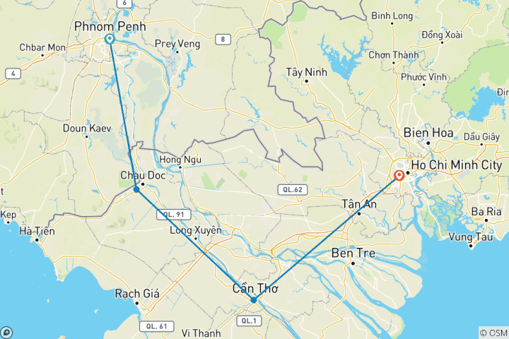 Map of 3-Day Mekong Delta River Tour from Phnom Penh to Ho Chi Minh City