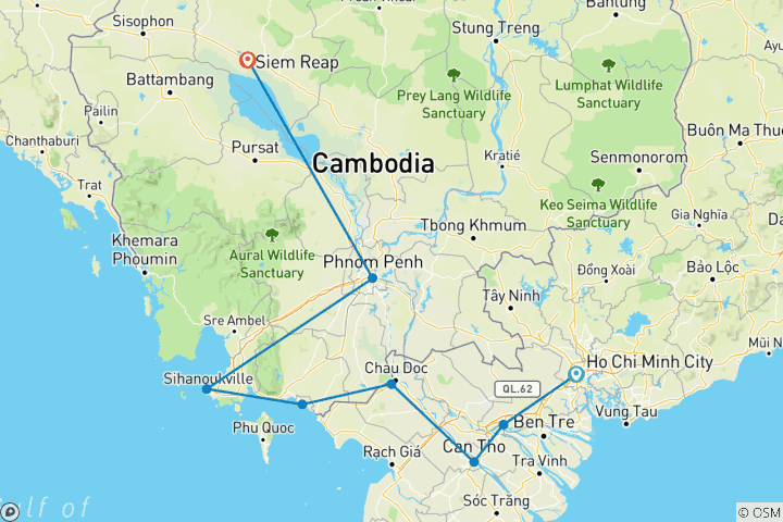 Carte du circuit Vélo de Ho Chi Minh à Siemreap - départ mardi - 12 jours