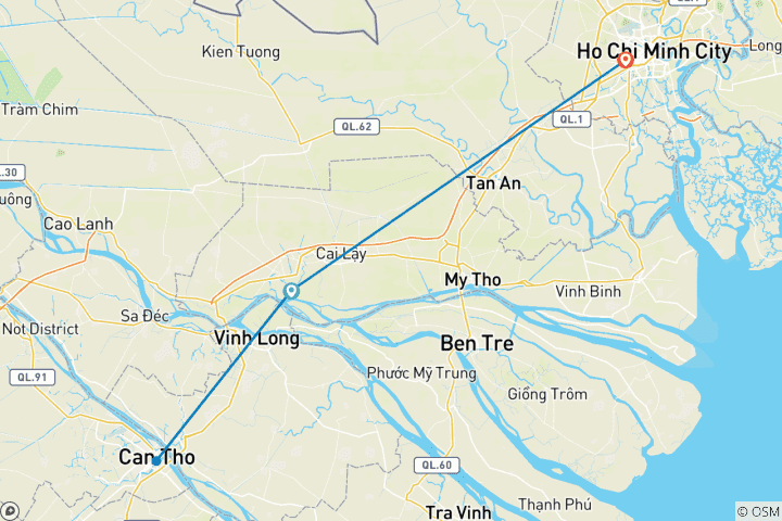 Map of Mekong Delta Cycling Tour 4 days