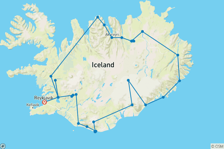 Mapa de Circuito a Islandia para ver las auroras boreales - 8 días