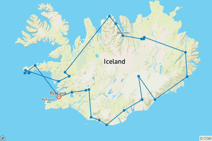 Carte du circuit Totalité de l'Islande - 7 jours