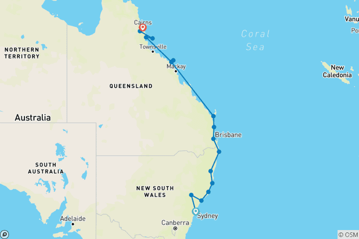 Carte du circuit Aventure de Sydney à Cairns (14 jours)